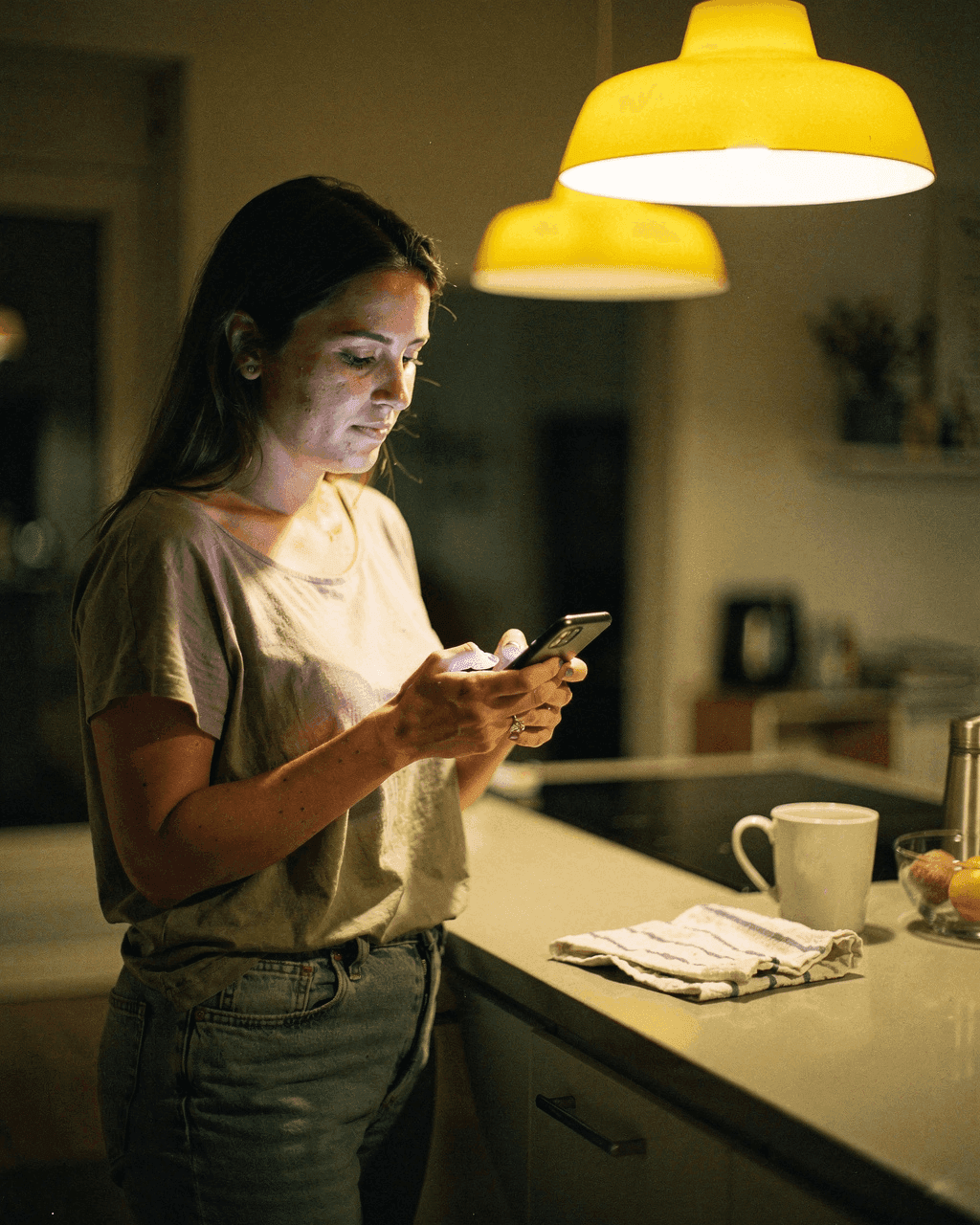 A trader at home on a Sunday evening checking her phone for the gold market reopening